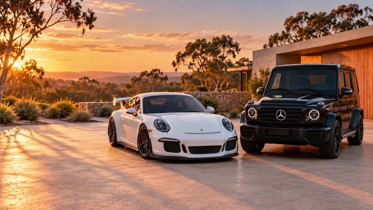Two cars on a driveway at sunset, their covers just drawn off