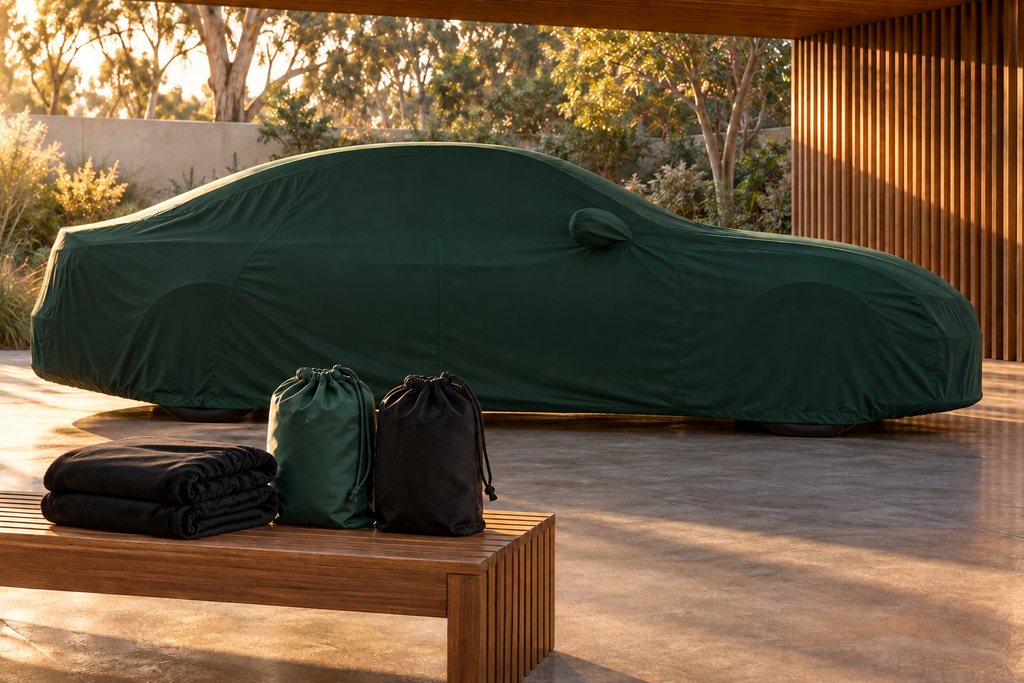 A green cover on a car under a carport, with a green and a black storage case and a folded black cover on a bench