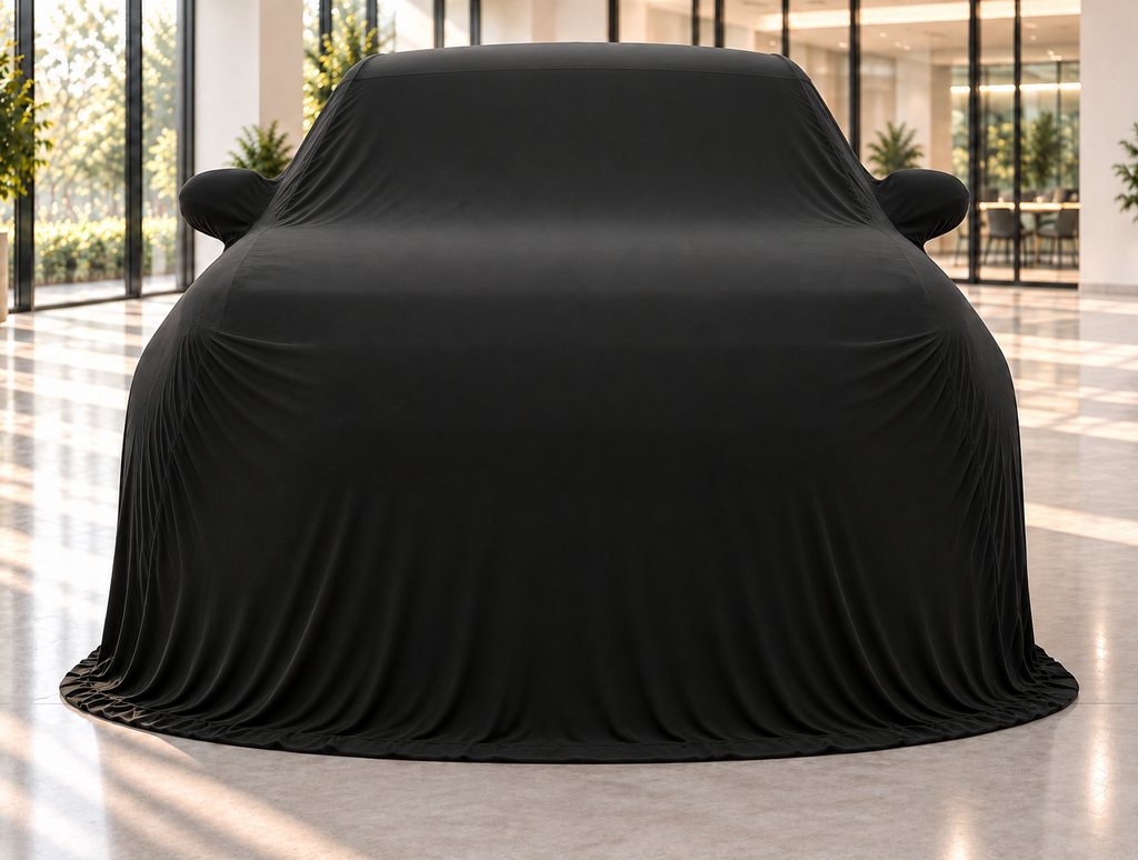 A black velvet Showroom Reveal draped over a car on a showroom floor