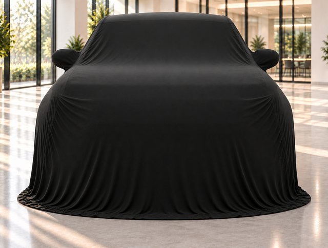 A velvet Showroom Reveal draped over a car in a showroom