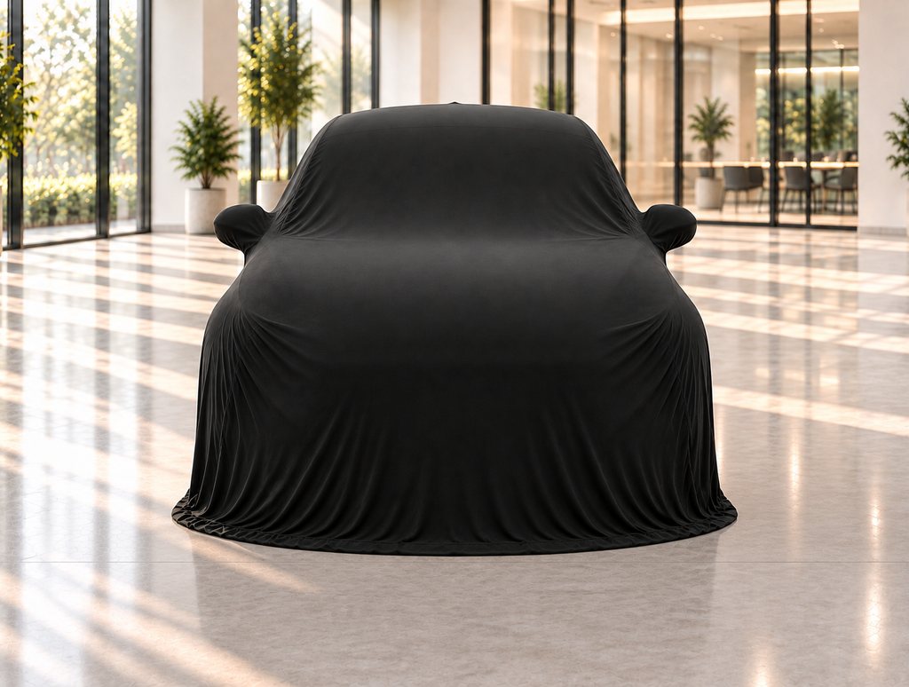 A velvet Showroom Reveal over a small hatch on a showroom floor