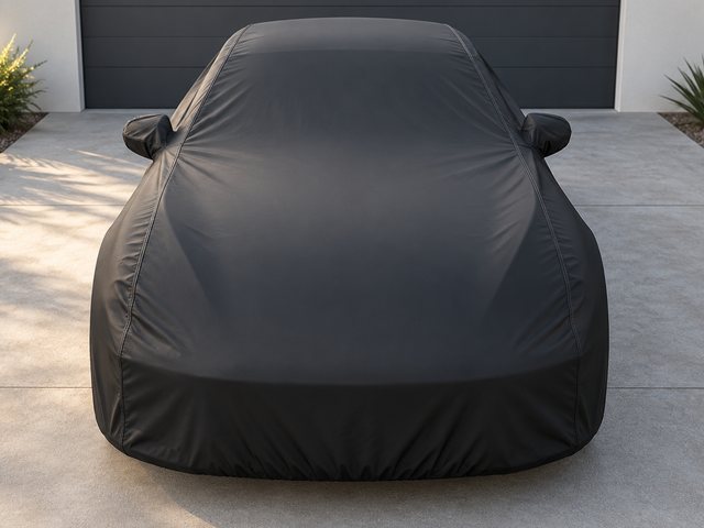A black Outdoor cover fitted close over a car on a driveway, seen from the front