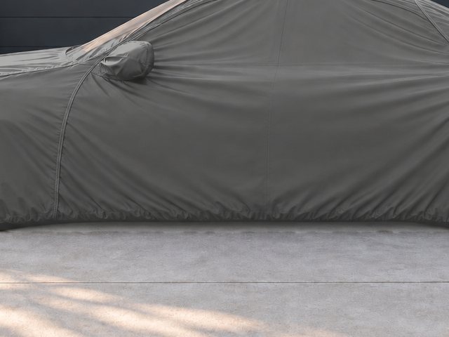 Close-up of the black Outdoor cover's mirror pocket, seam and elastic hem