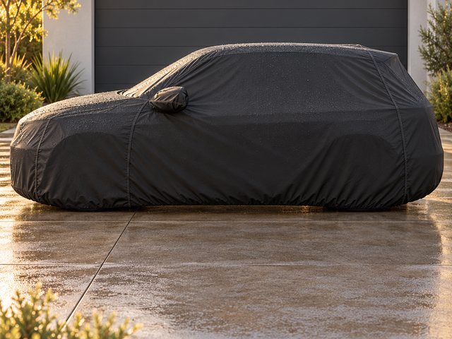 A black Outdoor cover on an SUV on a wet driveway, rain on the roof