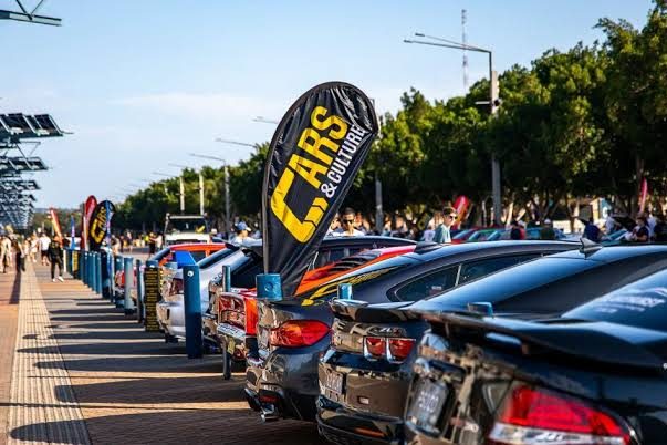 Club cars lined up at a car meet by the water